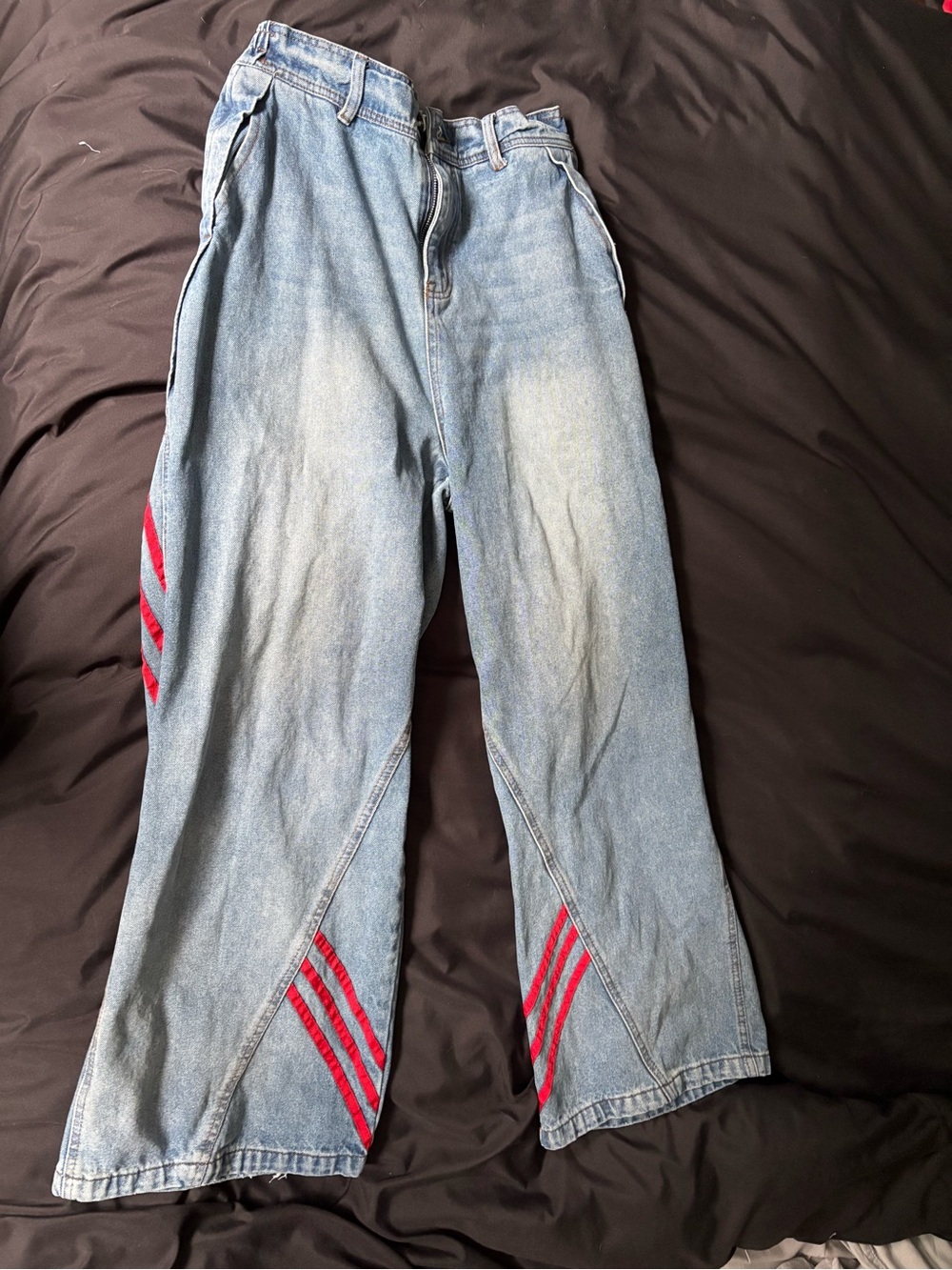 Light Blue Denim Jeans with Red Stripe Detail